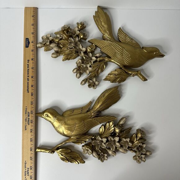Vintage Dart Ind Gold Bird & Flowers Hanging Wall Plaques Plastic Set 60s Decor - Picture 8 of 16